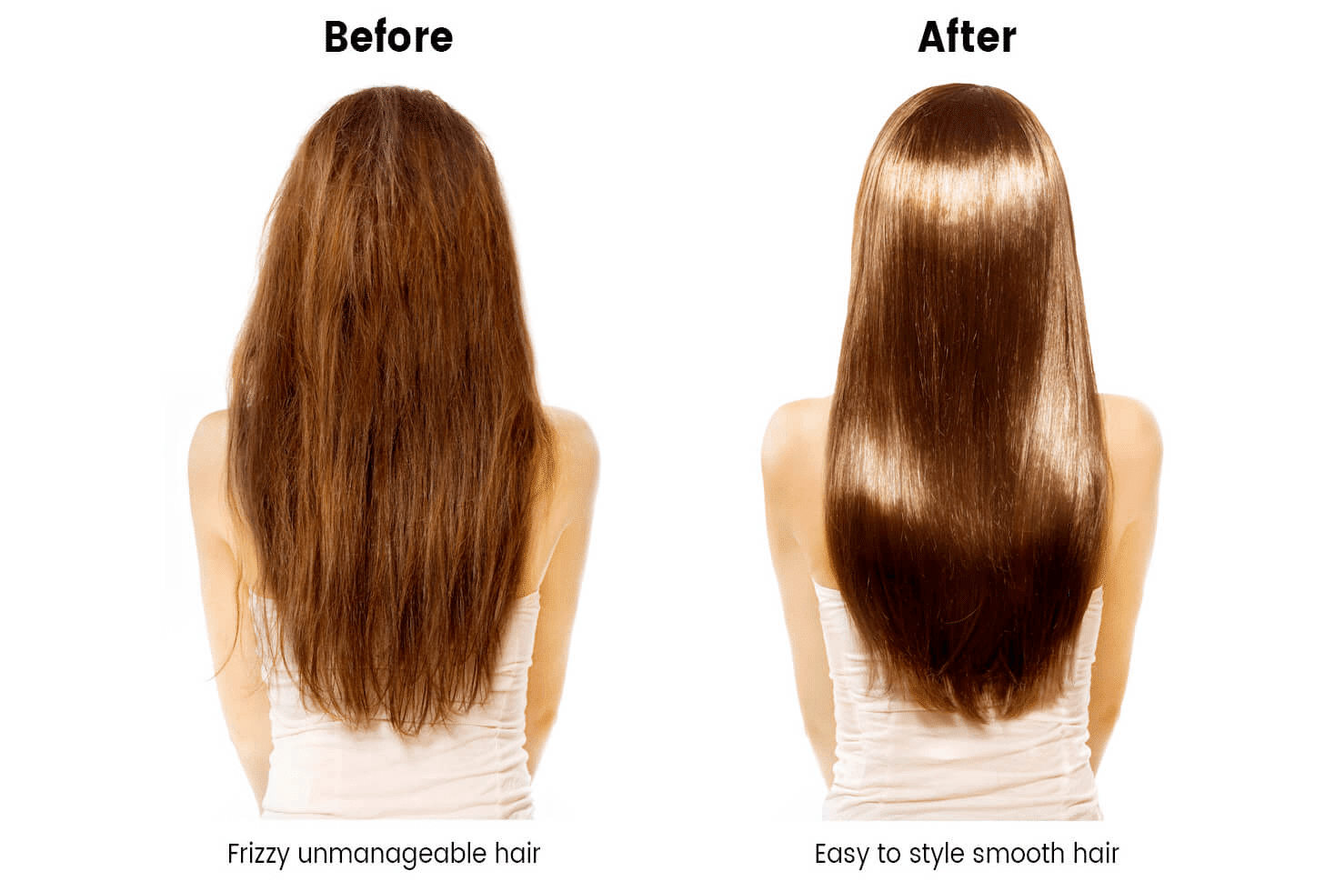 A before and after Hair Botox picture of a woman with long brown hair.