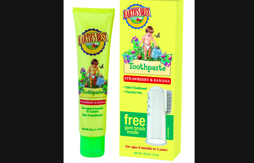 A strawberry and banana flavored kids' toothpaste from Earth's Best. The package includes a free gum brush.