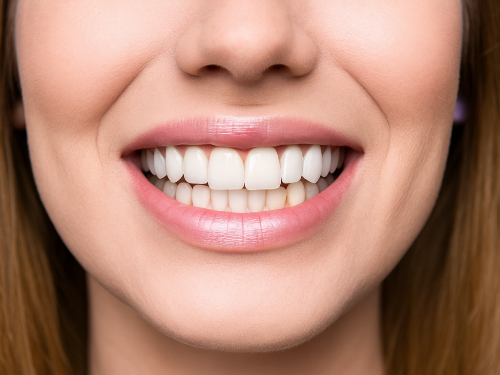 Close-up of a woman’s perfectly aligned smile after orthodontic treatment, showcasing results typically achieved with clear aligners vs braces at Elizabeth Wakim Dental