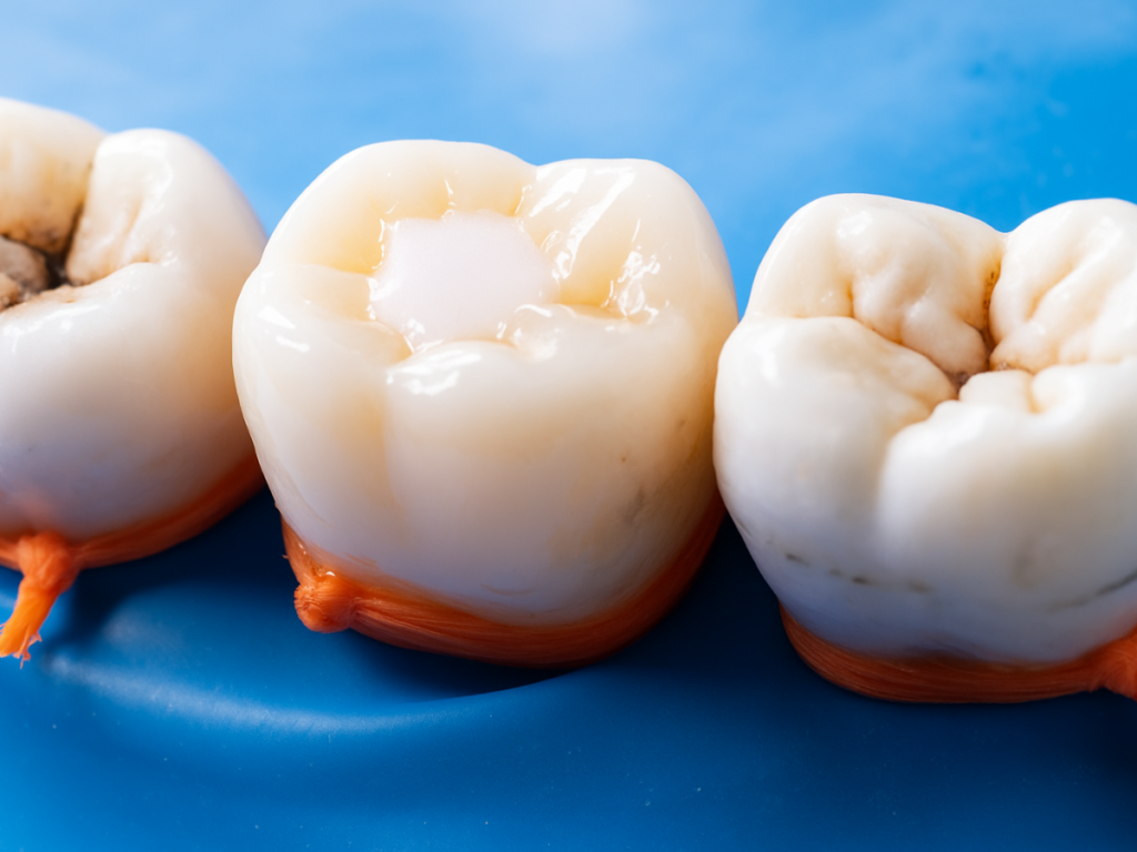 Close-up of molar teeth with one freshly placed composite filling, shown during a dental procedure—ideal for illustrating proper technique and aftercare for tooth filling.