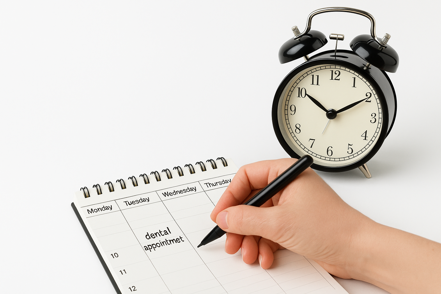 Close-up of a hand writing ‘dental appointment’ in a weekly planner for Tuesday at 10 AM, with a black analog alarm clock in the background on a white surface.