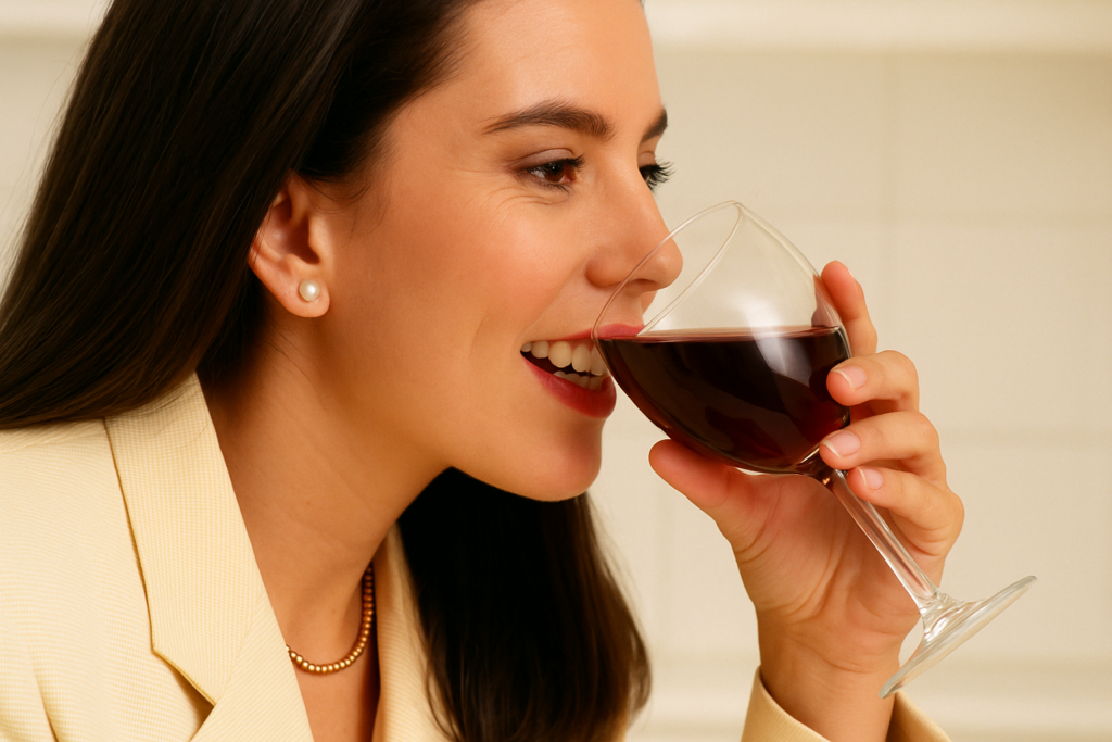 Close-up of a woman sipping red wine and smiling, with visible white teeth—ideal for illustrating how to remove red wine stains from teeth.