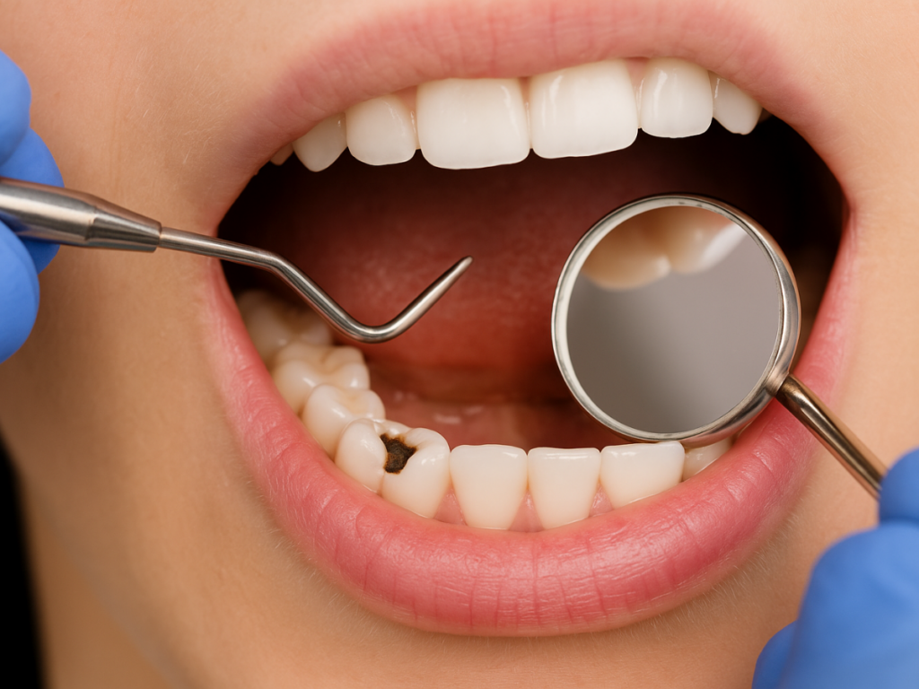 Close-up image of a dental procedure showing a tooth with visible restoration work, highlighting the structural differences between inlays vs crowns for dental treatment.