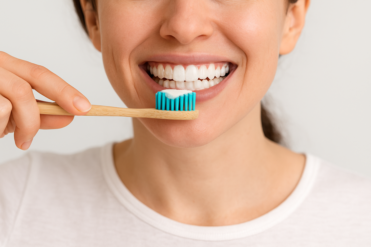 Close-up of a smiling woman holding a bamboo toothbrush with blue bristles and toothpaste, brushing her teeth while wearing a white shirt.”