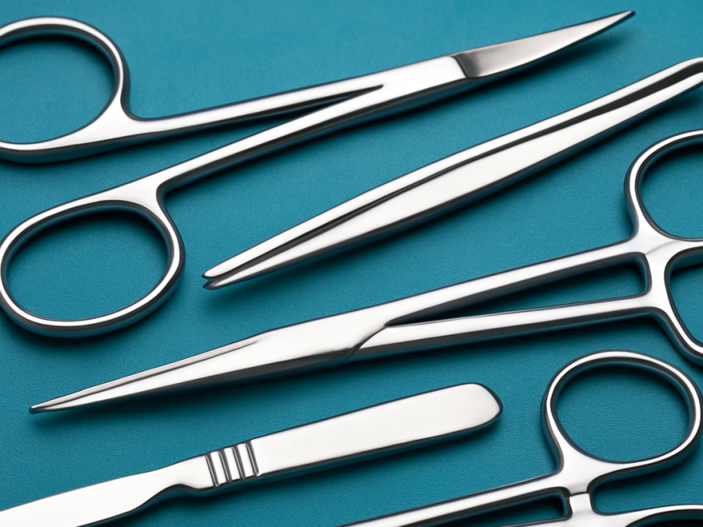 Close-up of five clean surgical instruments laid out on a teal drape, representing the tools used in procedures that require careful recovery from oral surgery.