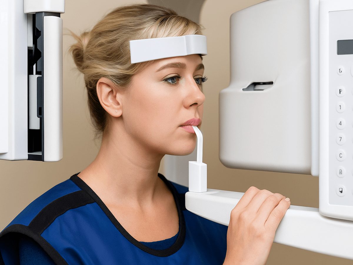 Young patient undergoing a 3D imaging dental scan using CBCT technology in a modern dental clinic, wearing a protective lead apron