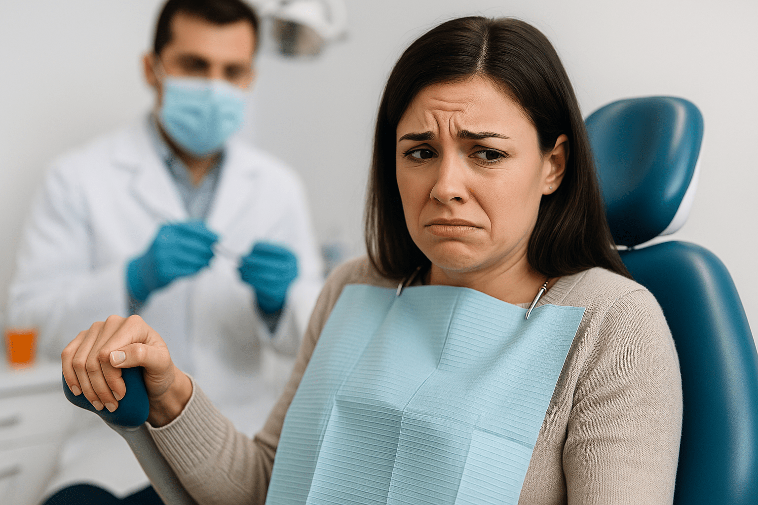 Photo of a dental patient gripping the armrest with a worried expression in a dental chair while a masked dentist prepares instruments behind her, illustrating dental anxiety.