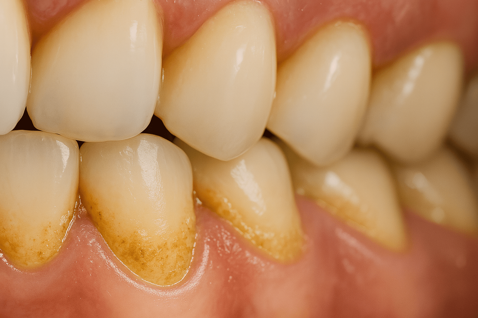 Close‑up of lower teeth and gums showing yellowish plaque and hardened calculus deposits at the gumline, illustrating poor oral hygiene and early signs of gum disease.