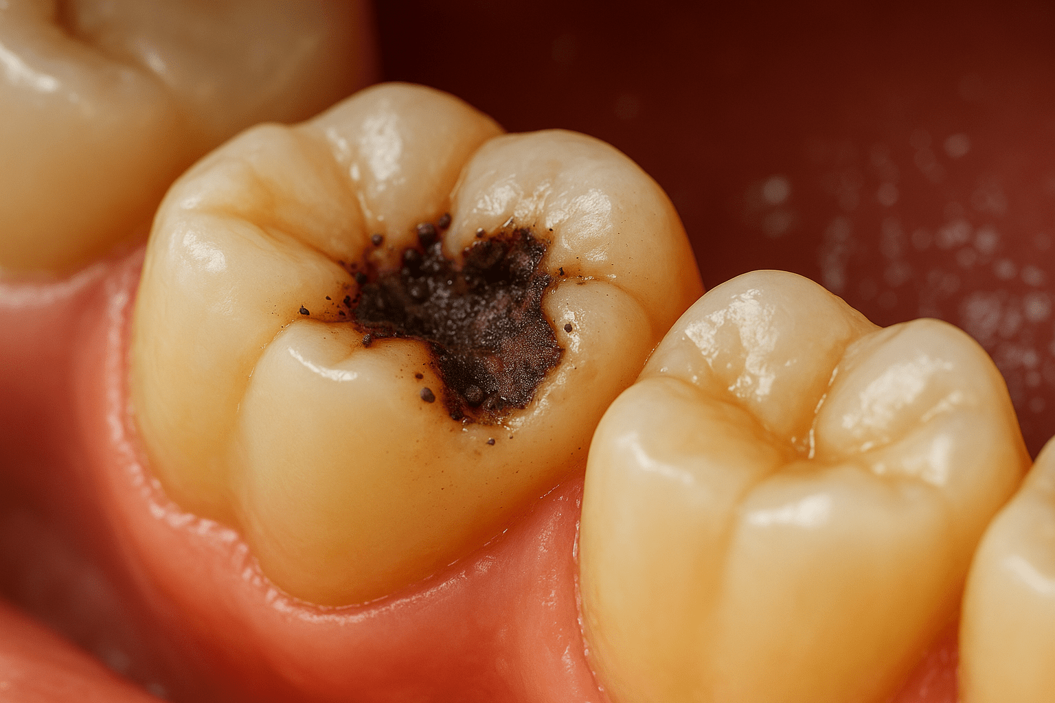 High‑definition close‑up showing a deep decay cavity in a lower molar surrounded by healthy enamel and gums, highlighting the hallmark dark, jagged lesion of untreated tooth decay.