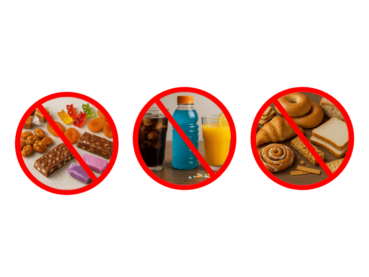 Three panels showing sugary sticky snacks, acidic soft and sports drinks, and high‑carbohydrate baked treats, each crossed out with a red no symbol to illustrate foods and beverages that can strip minerals from tooth enamel.