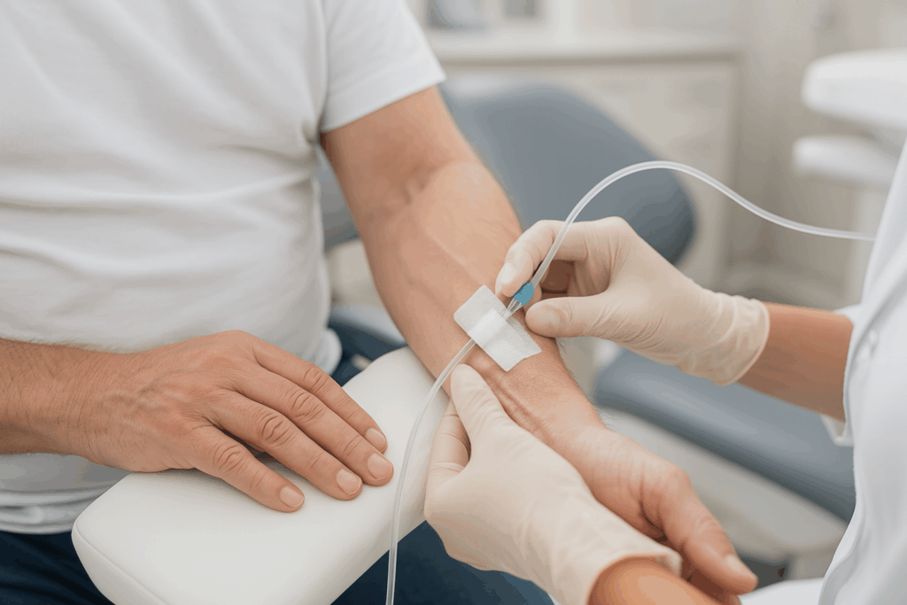 Close‑up of a clinician’s gloved hands inserting an IV line into a patient’s forearm to administer sedation medication for stress‑free dental treatment.