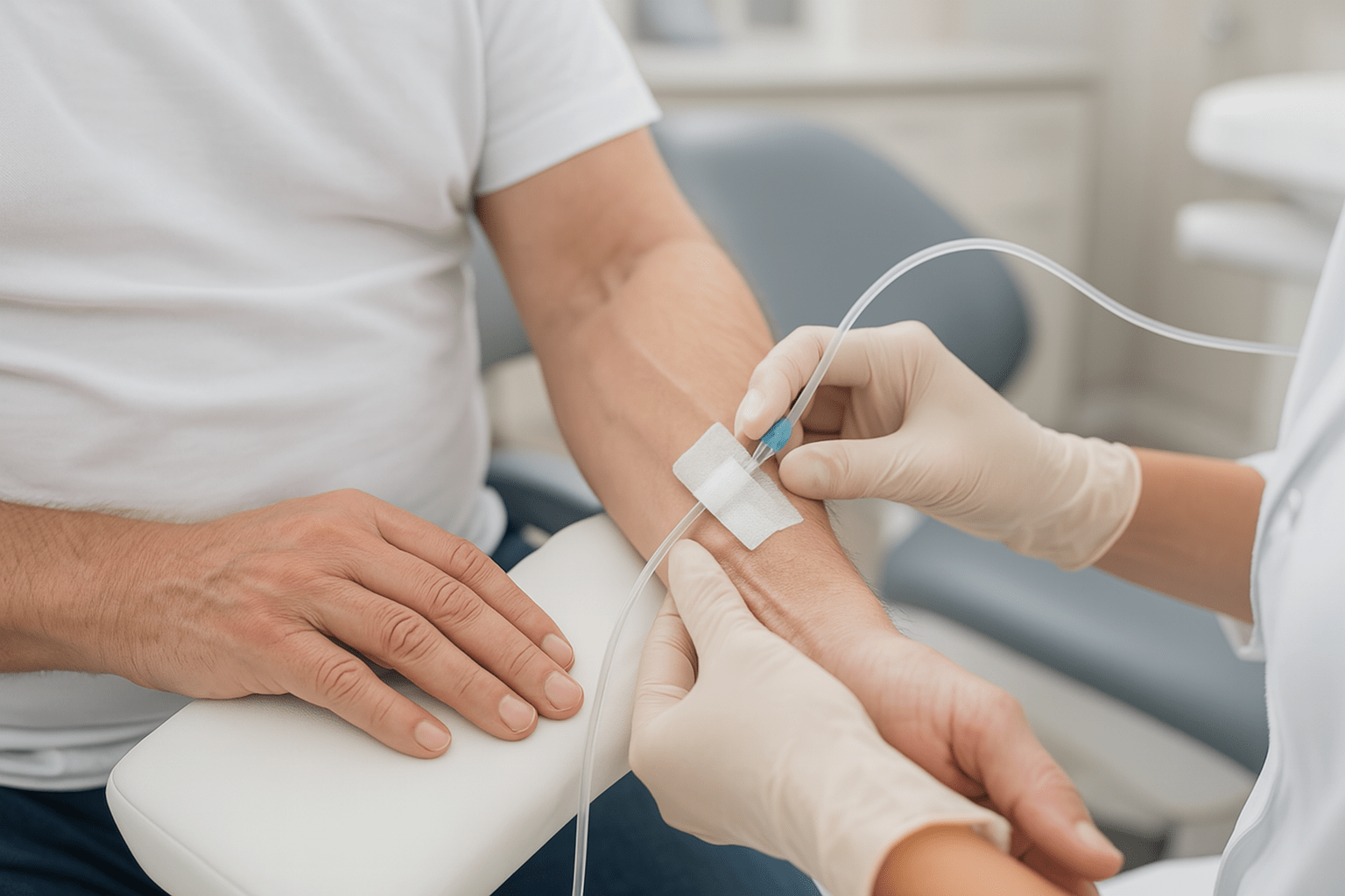 Close‑up of a clinician’s gloved hands inserting an IV line into a patient’s forearm to administer sedation medication for stress‑free dental treatment.