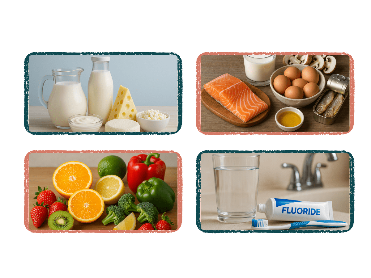 Collection of dairy products, vitamin D foods (salmon, eggs, milk, sardines), vitamin C fruits and vegetables, and a glass of fluoridated water with fluoride toothpaste illustrating key nutrients and fluoride sources for oral health.