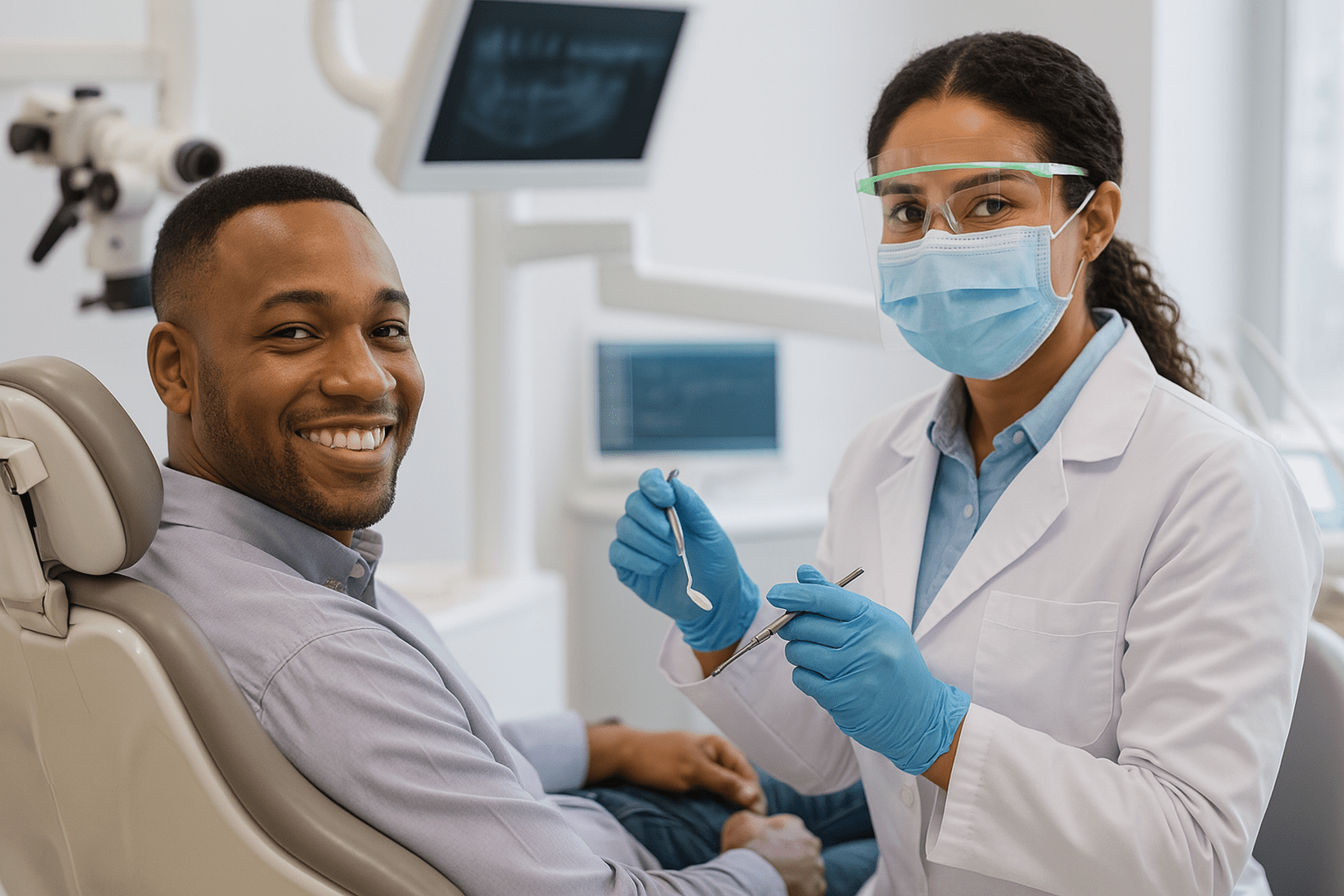 A smiling male patient reclines in a dental chair while a dentist in protective eyewear and gloves holds a mirror and probe, demonstrating a stress‑free routine dental checkup focused on overall oral health.