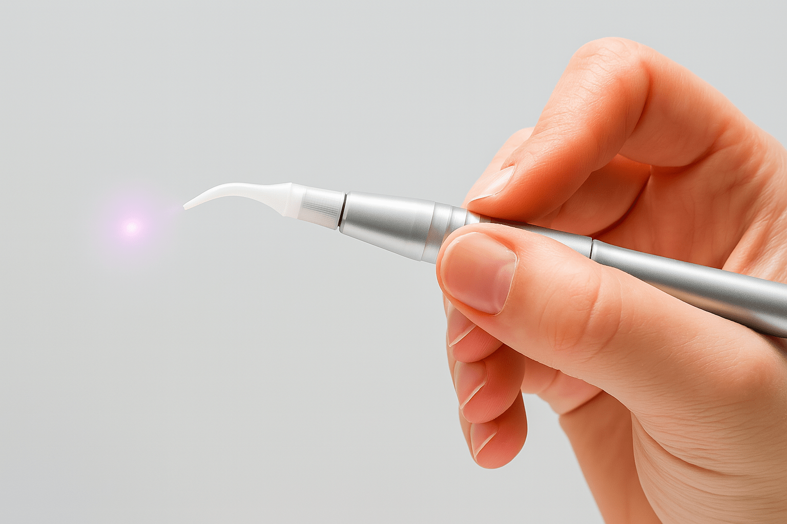 Close-up of a dentist’s hand holding a cosmetic laser tool used for minimally invasive dental procedures