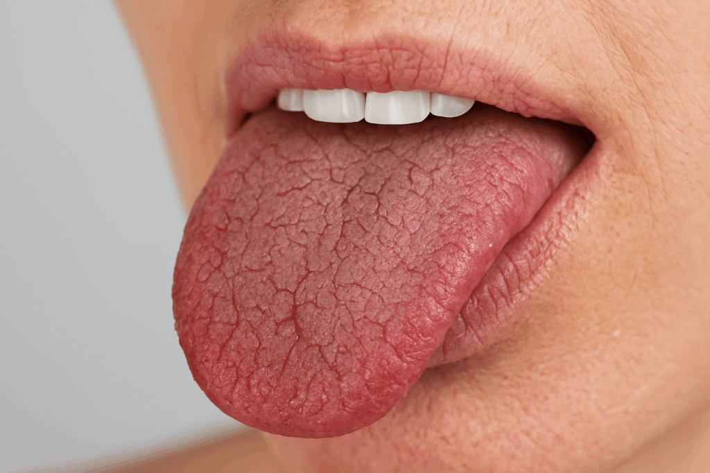 Close-up image of a dry, cracked tongue and lips—a common visual symptom of xerostomia or dry mouth—highlighting reduced saliva flow and oral discomfort.