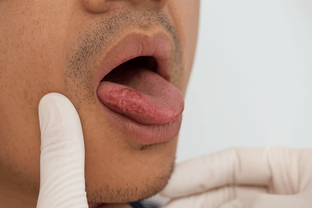 Close-up image of a potential oral cancer lesion on the underside of the tongue during a dental screening, showing inflamed and abnormal tissue.