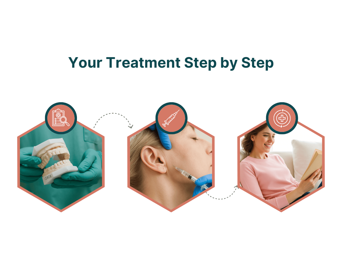 Three-step TMJ treatment infographic: dentist holding a dental model, clinician injecting botulinum toxin into a patient’s jawline, then patient relaxing at home reading a book.

2/2

