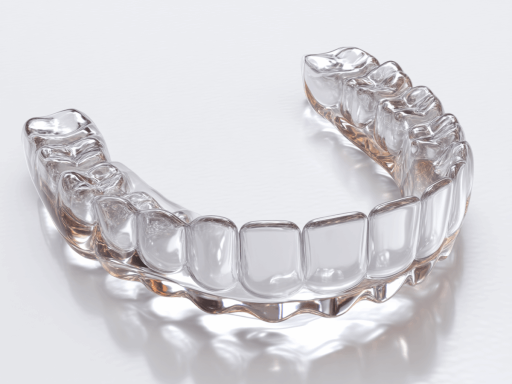 High-resolution close-up image of a clear dental night guard resting on a white surface, showing detailed contours of individual teeth for custom fit and oral protection