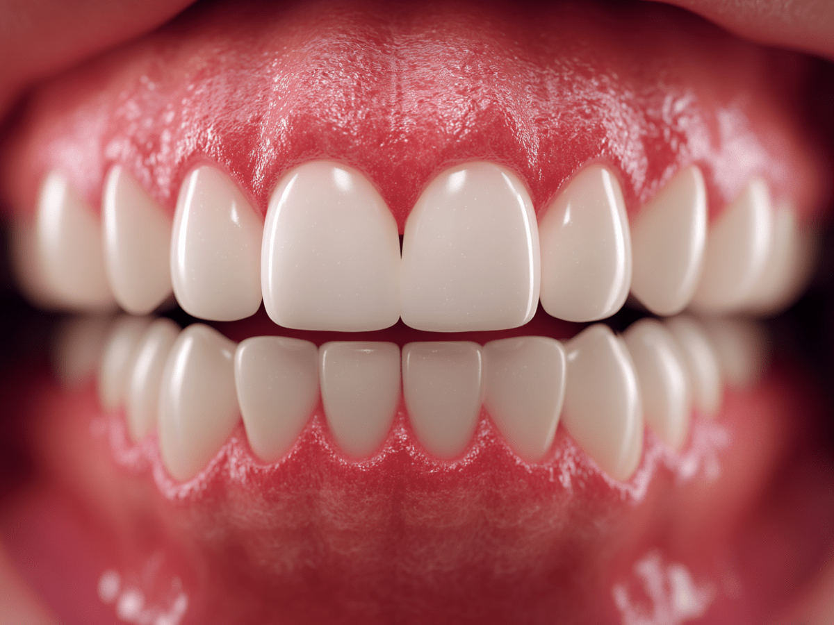Macro view of upper and lower front teeth showing red, swollen gums—a possible sign of early gum disease or gingivitis