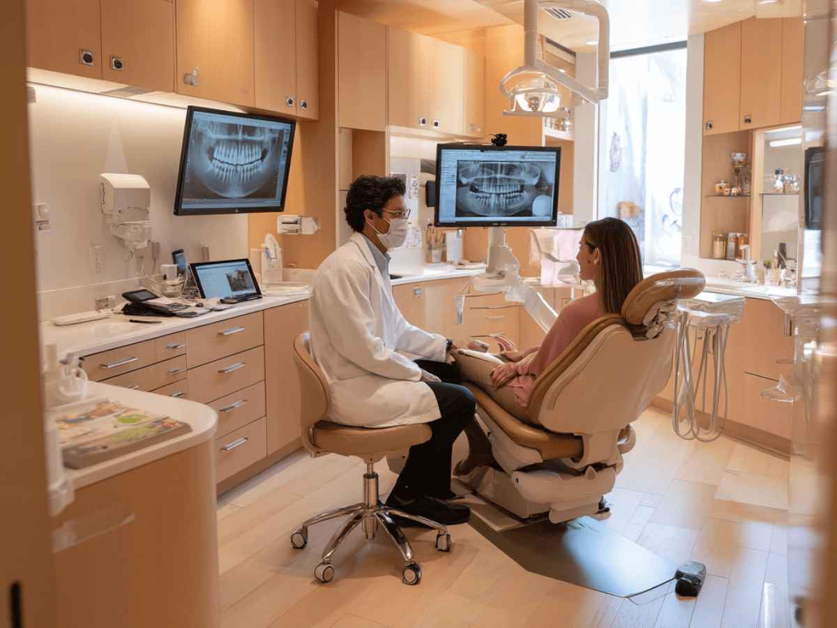 Dentist in a white coat and face mask consulting with a female patient in a modern dental clinic, reviewing digital X-ray images on dual monitors