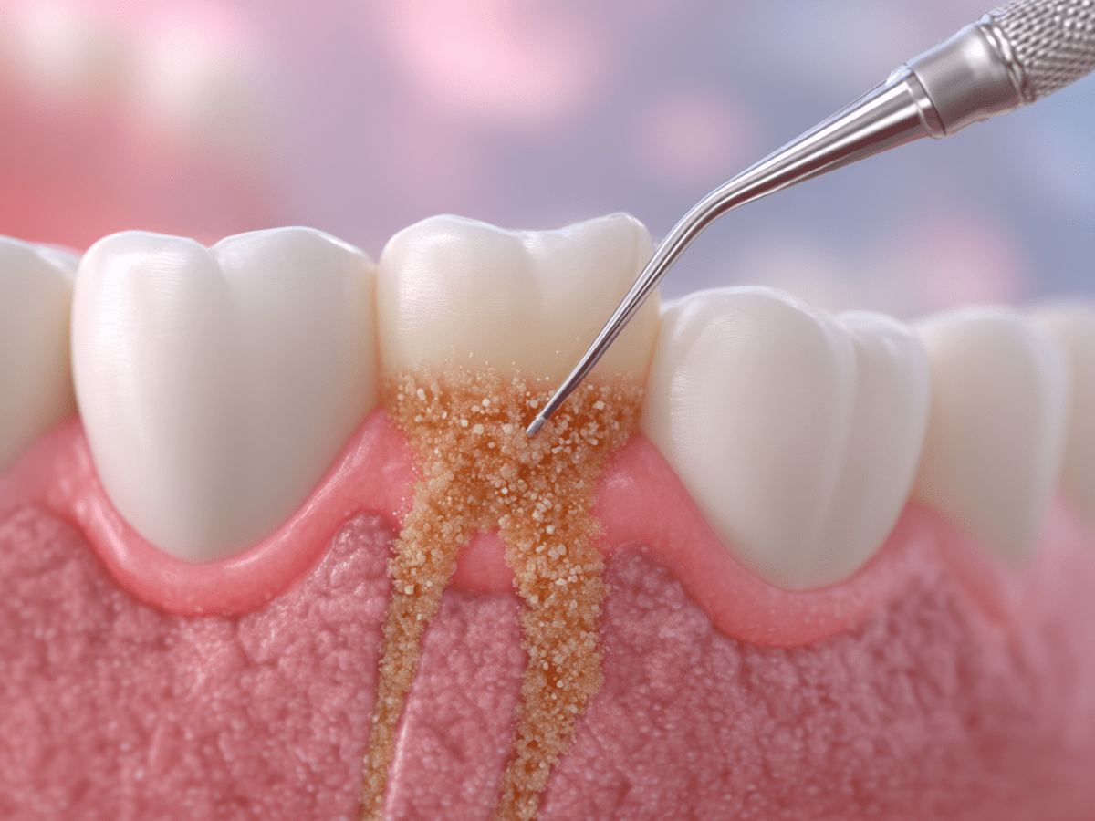 Close up 3D illustration of dental scaling instrument removing hardened tartar and plaque from tooth surface near the gumline during periodontal treatment