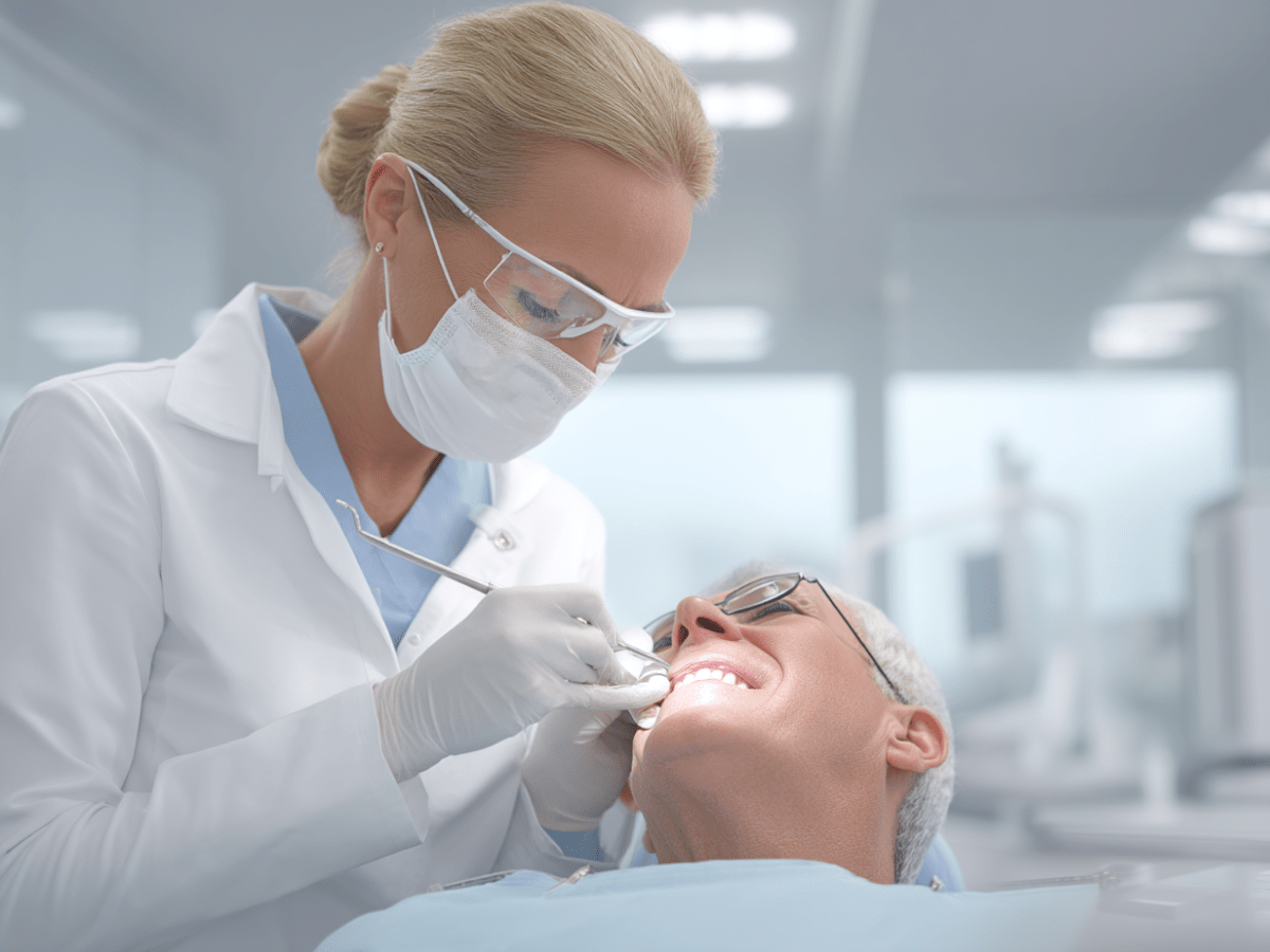 Female dentist wearing protective mask and glasses performing a dental cleaning on an older male patient in a modern dental clinic