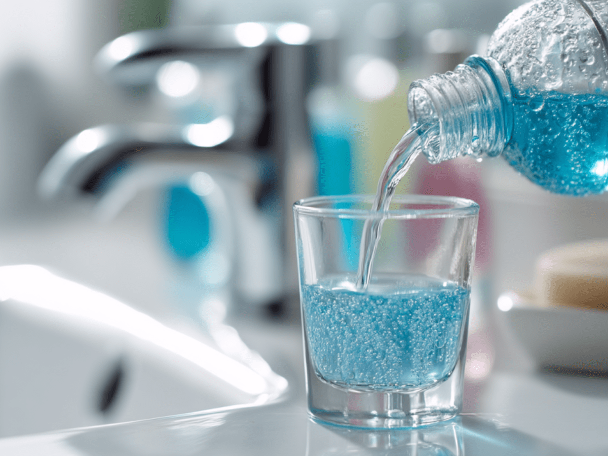 Blue mouthwash being poured from a clear bottle into a small glass cup on a bathroom sink, with blurred toiletries and faucet in the background