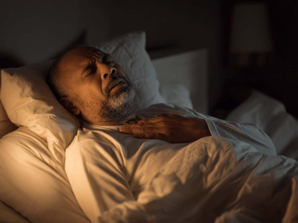 Middle-aged man lying in bed at night, experiencing discomfort from acid reflux or heartburn, hand on chest with pained facial expression, low lighting to indicate nighttime