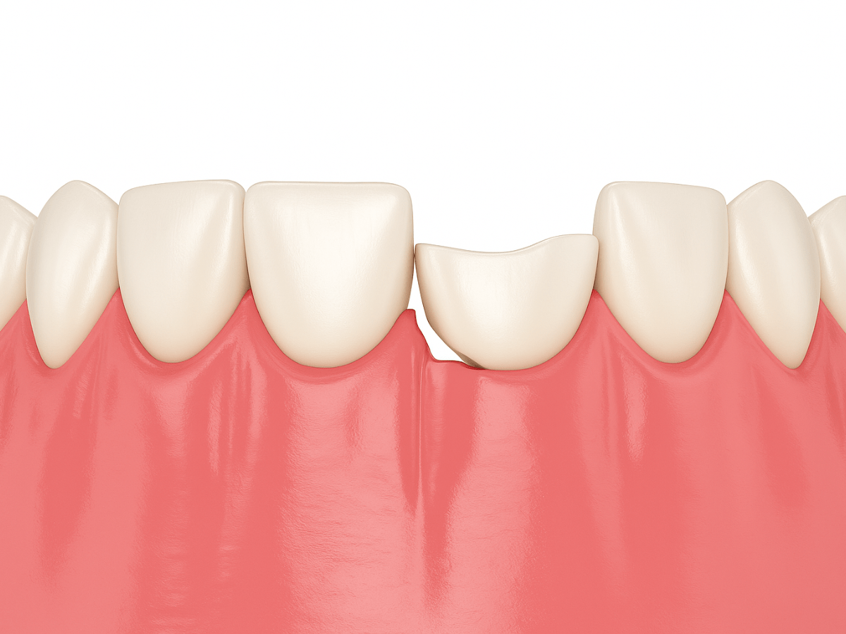 3D rendered close-up of a chipped upper front tooth showing enamel damage and gumline, commonly associated with dental trauma or biting hard objects