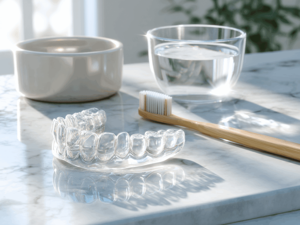 A transparent dental night guard resting beside a bamboo toothbrush and glass of water on a marble bathroom counter, captured in soft natural daylight