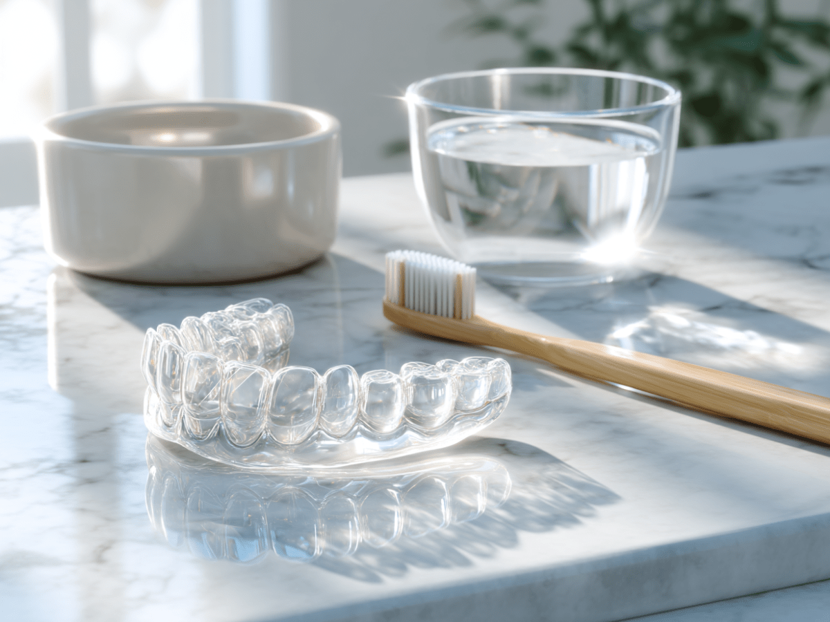 A transparent dental night guard resting beside a bamboo toothbrush and glass of water on a marble bathroom counter, captured in soft natural daylight
