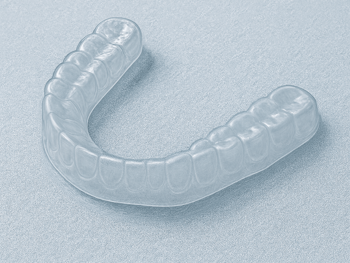 A transparent removable dental retainer displayed on a light blue textured surface, showing the full U-shaped design with detailed tooth impressions