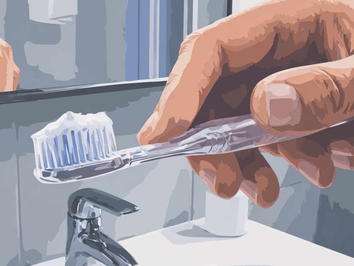 Detailed vector-style illustration of a hand holding a clear toothbrush with white fluoride toothpaste, shown over a bathroom sink and mirror, promoting gentle brushing and daily dental hygiene