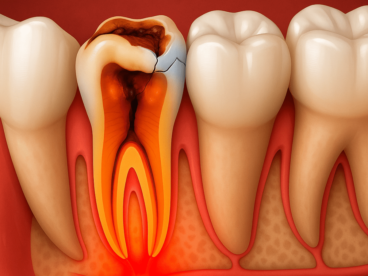 3D cross-section of a cracked molar tooth showing deep decay, pulp infection, and inflammation reaching the root canal and surrounding bone tissue