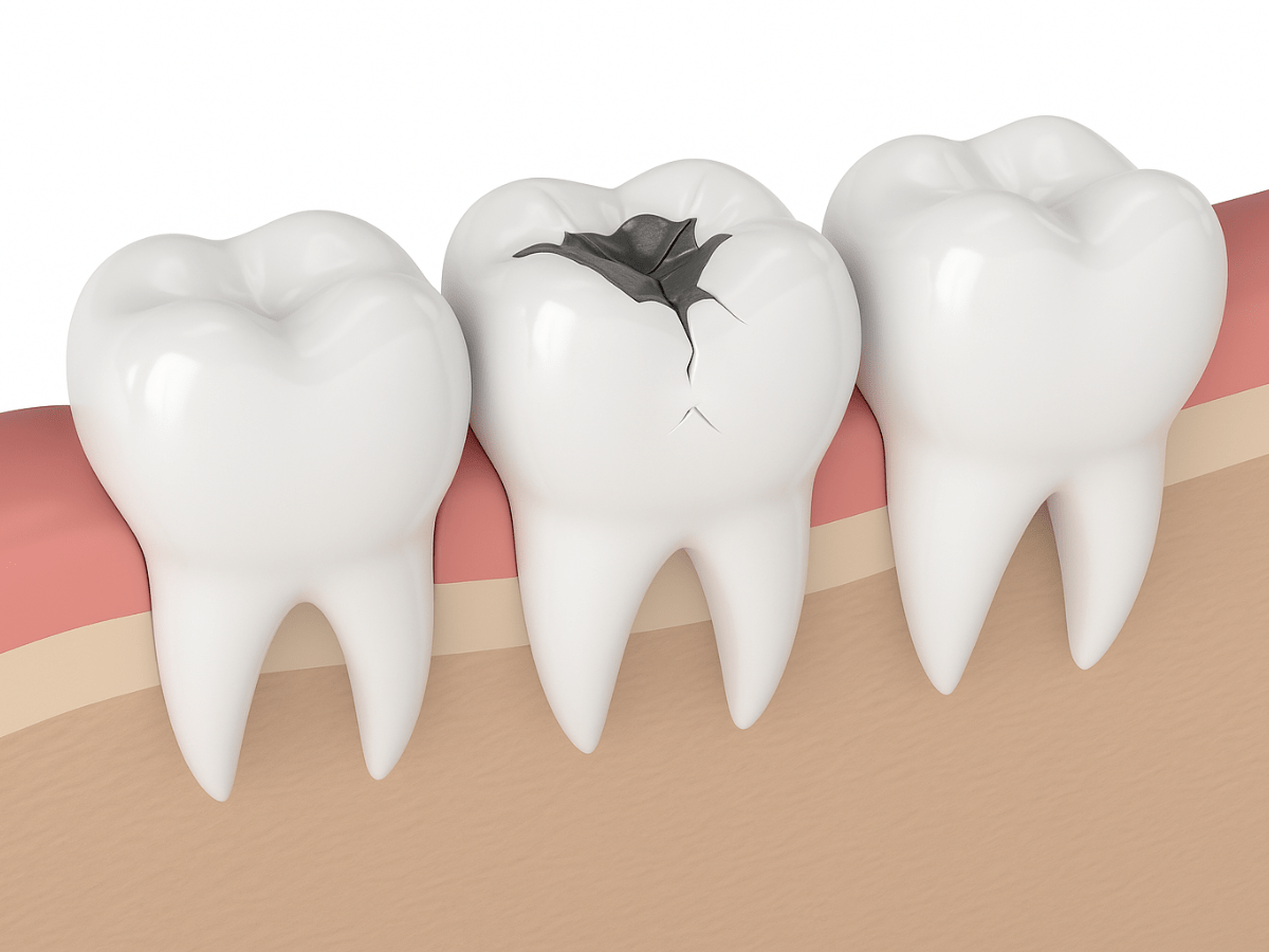 3D rendering of a cracked molar with visible dark cavity between two healthy molars, illustrating dental decay and structural tooth damage