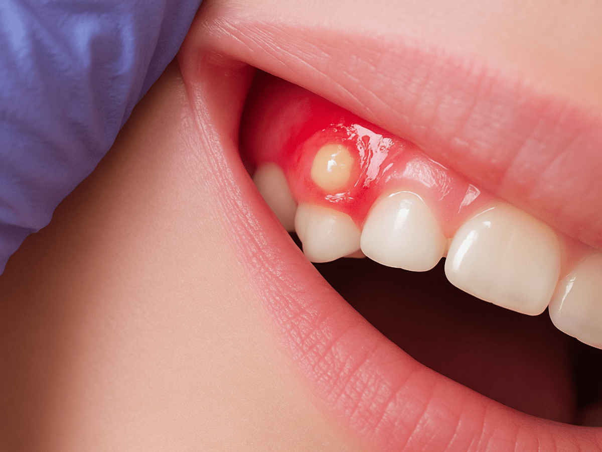 Close-up image of a dental abscess on the upper gum above a tooth, showing red swollen tissue with visible pus, commonly associated with tooth infection or untreated decay