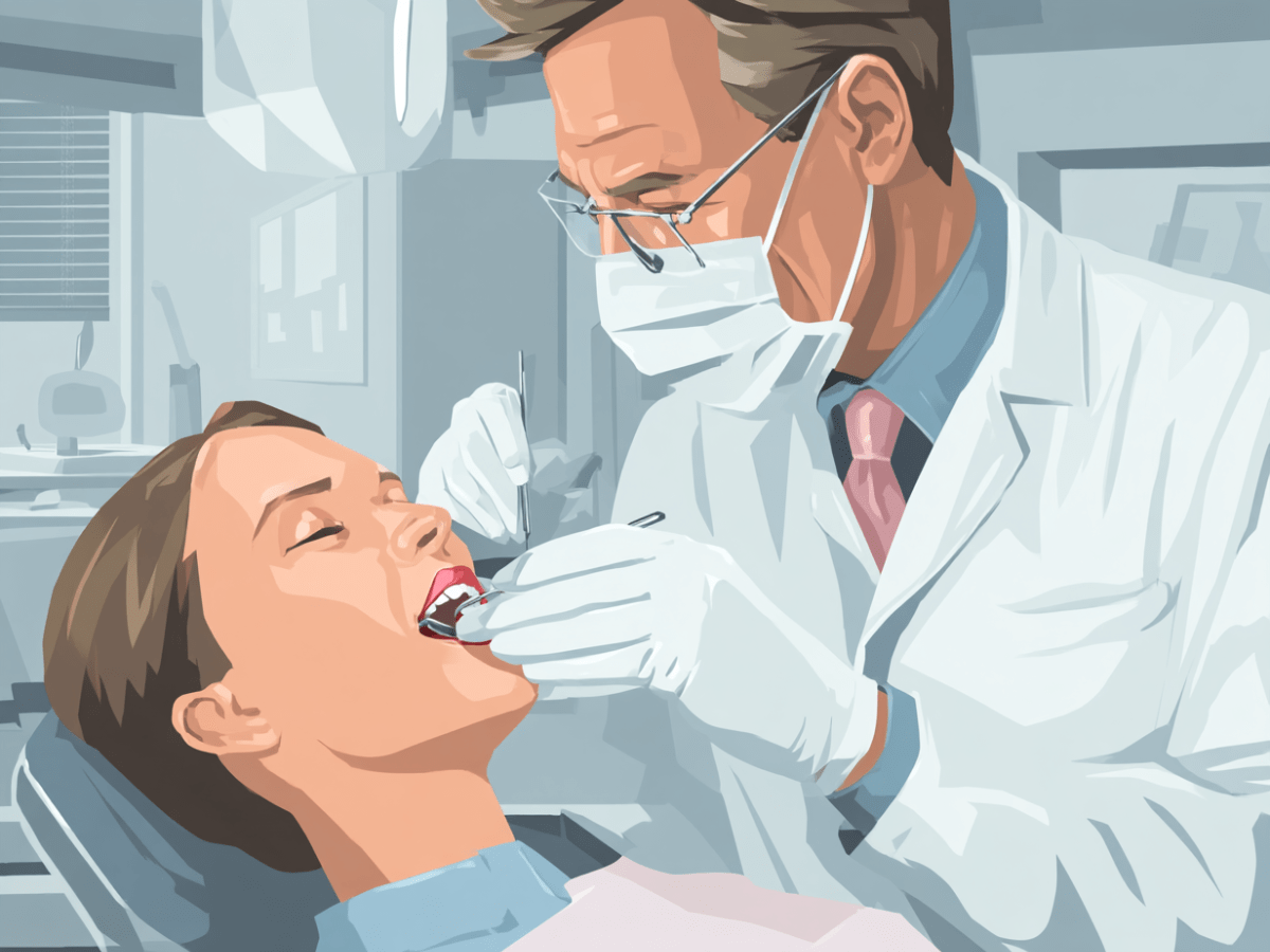 Vector-style graphic of a dentist performing a gum examination on a female patient in a dental chair, illustrating professional oral health care in a clinical setting