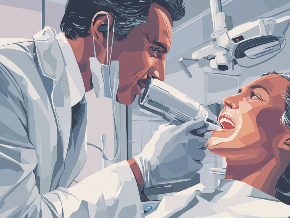 Vector-style illustration of a dentist using an intraoral scanner to examine a smiling patient's mouth in a modern dental office, highlighting advanced diagnostic technology and patient comfort