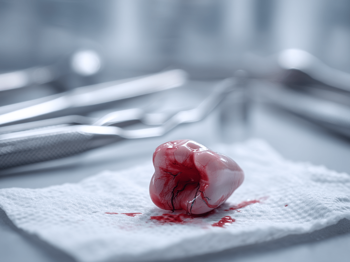 Close-up of a freshly extracted human molar tooth with visible blood and root structure, placed on a sterile gauze pad in a clinical dental setting, surrounded by blurred surgical tools in the background