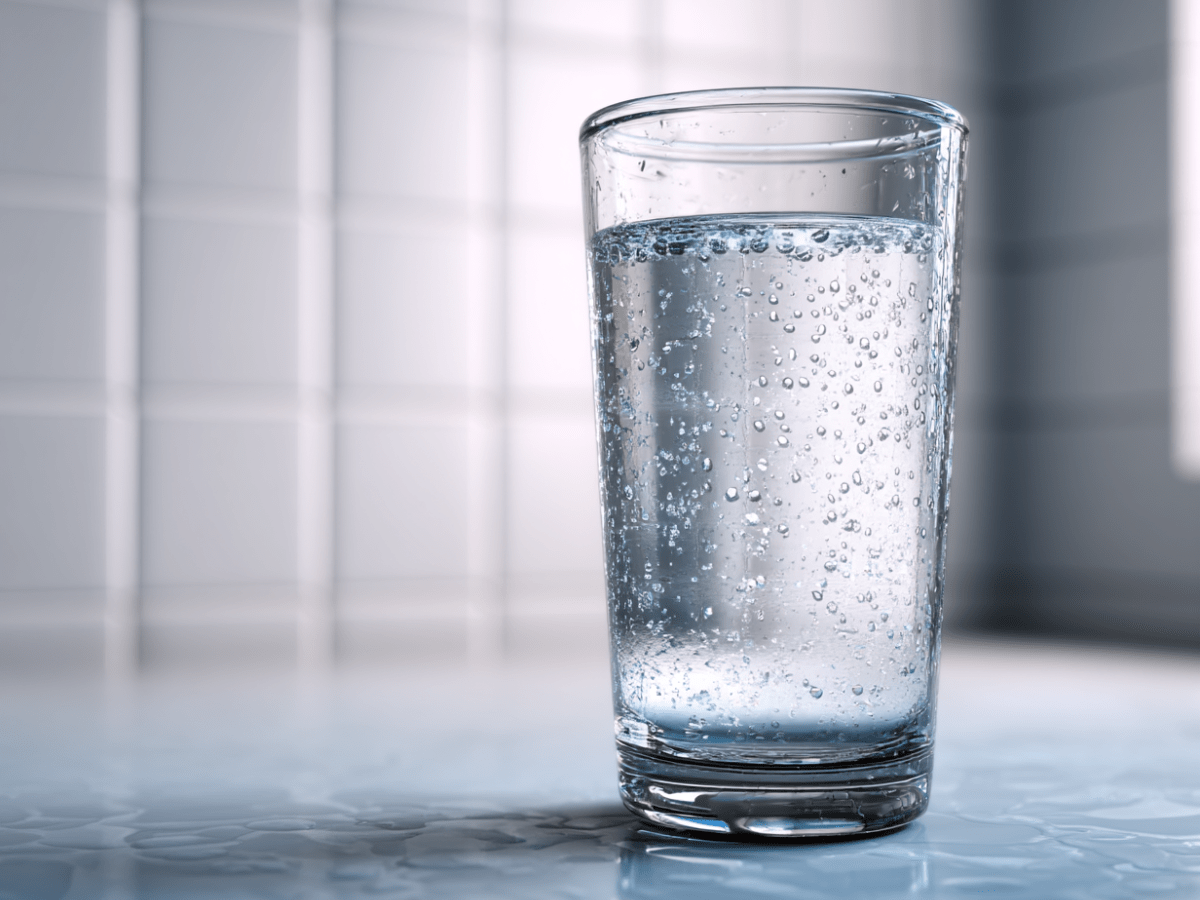 Clear glass filled with water on a reflective bathroom counter, promoting hydration and oral health