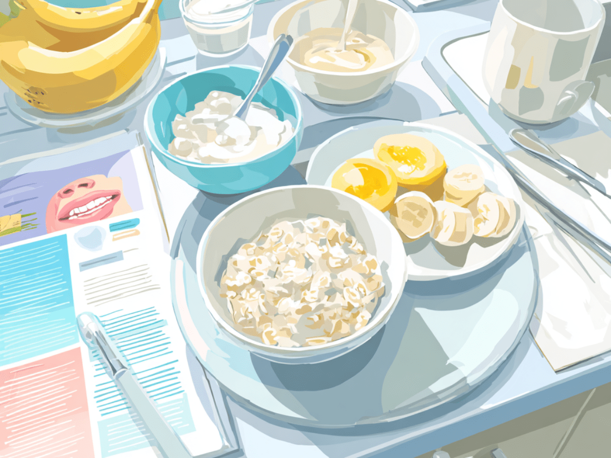 Vector-style illustration of a soft food breakfast including oatmeal, bananas, yogurt, and applesauce, ideal for post-treatment dental care after silver diamine fluoride application
