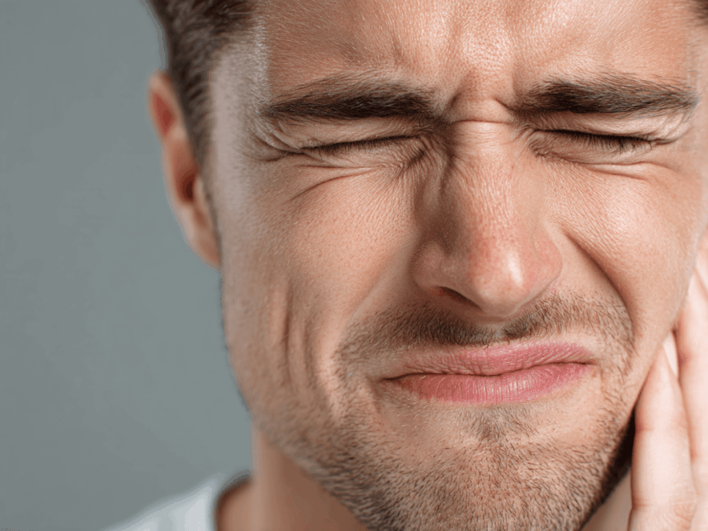 Close-up of a man with his eyes closed, clutching his jaw in discomfort due to TMJ disorder or jaw pain