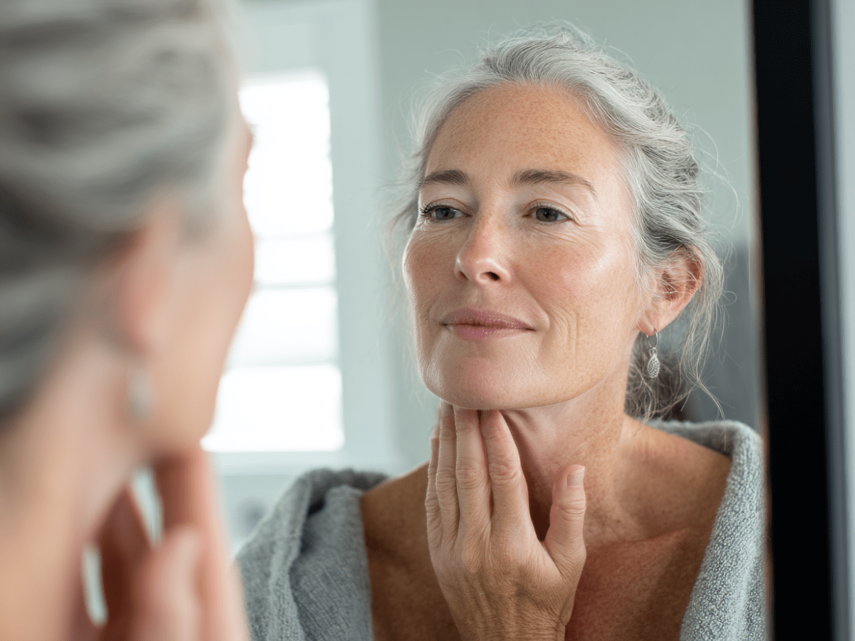 Confident older woman gently touching her jaw while looking in the mirror, possibly checking for signs of swelling, jaw tension, or skin changes related to TMJ or oral health