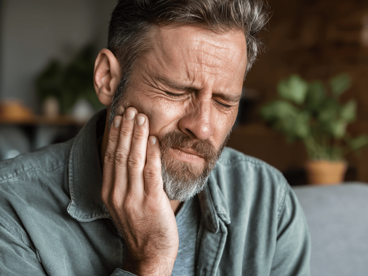 Middle-aged man holding his jaw in pain with eyes closed, showing visible discomfort from a severe toothache or dental infection at home
