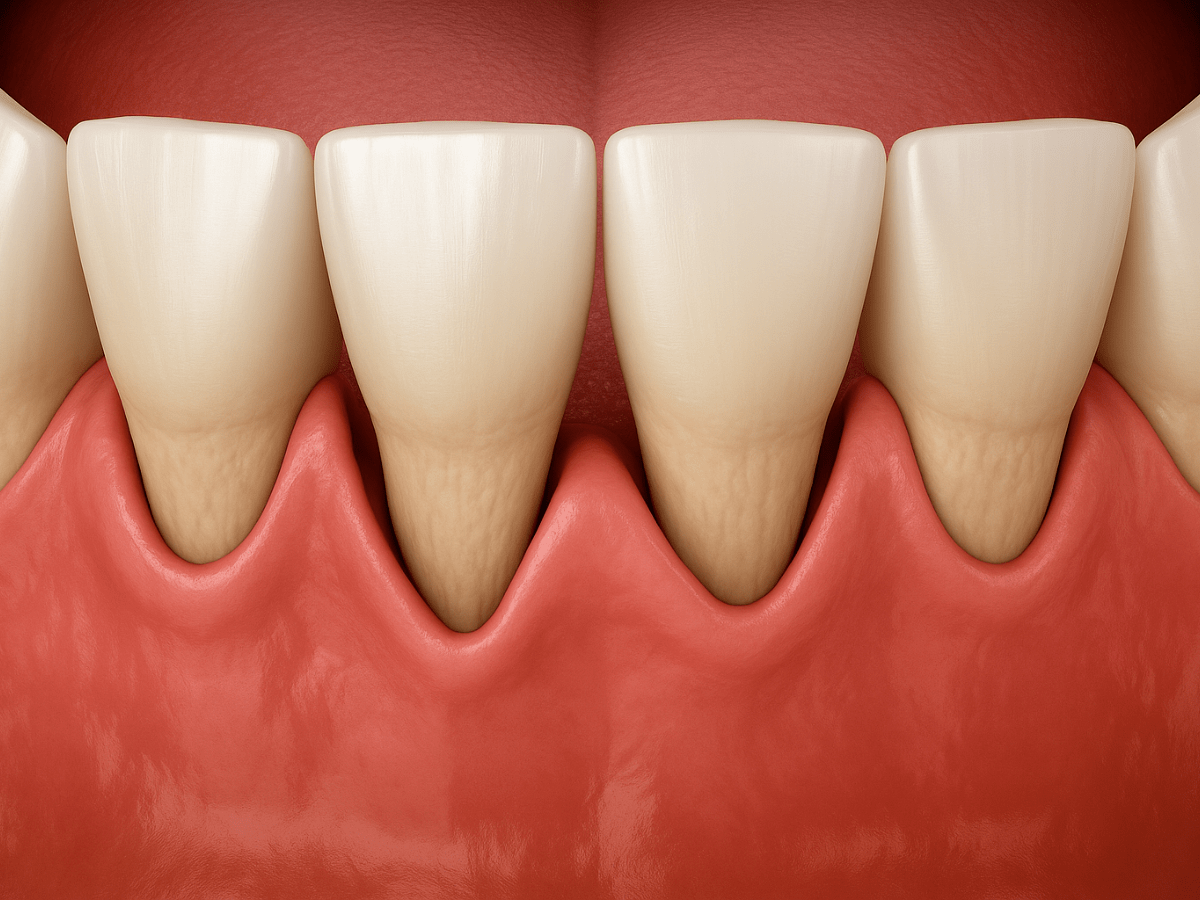 3D rendering of receding gums exposing the roots of the front teeth, showing early signs of gum recession and possible periodontal disease