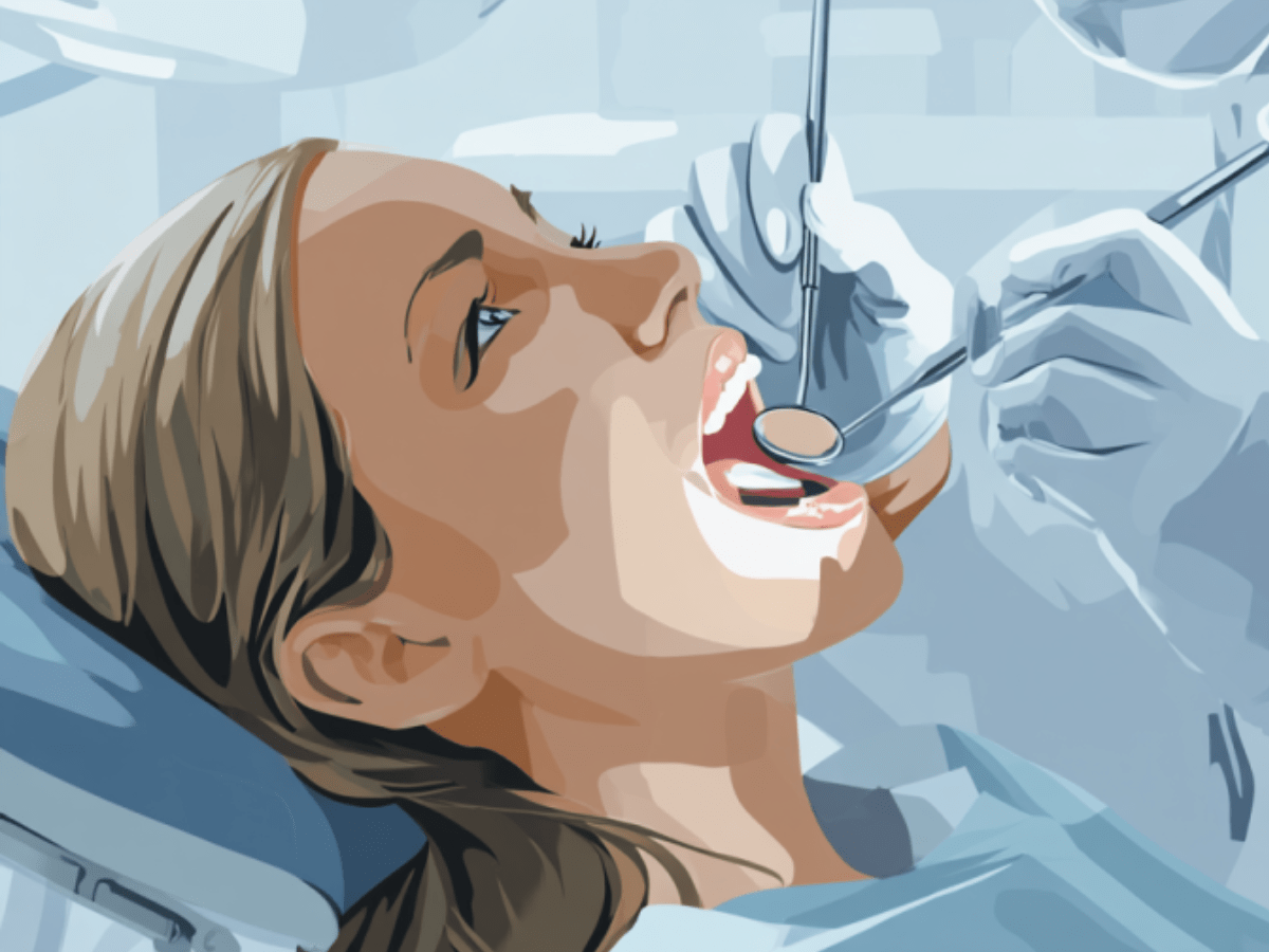 Vector-style illustration of a young woman undergoing a dental exam, with a dentist using a mirror and probe to inspect her teeth, emphasizing the importance of regular dental checkups for oral health maintenance