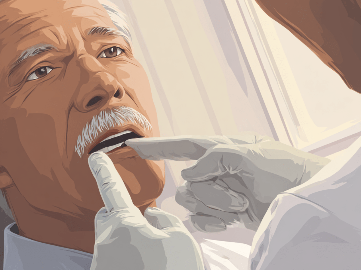 Vector-style illustration of a senior man having a dental checkup, with a dentist wearing gloves examining his mouth, highlighting routine care and attention to aging oral health