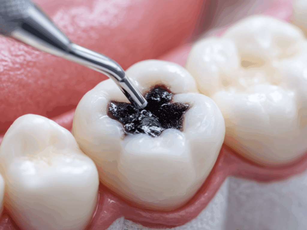 Close-up of a dentist applying silver diamine fluoride to a decayed molar tooth using a dental instrument, highlighting the darkened carious lesion and gum line
