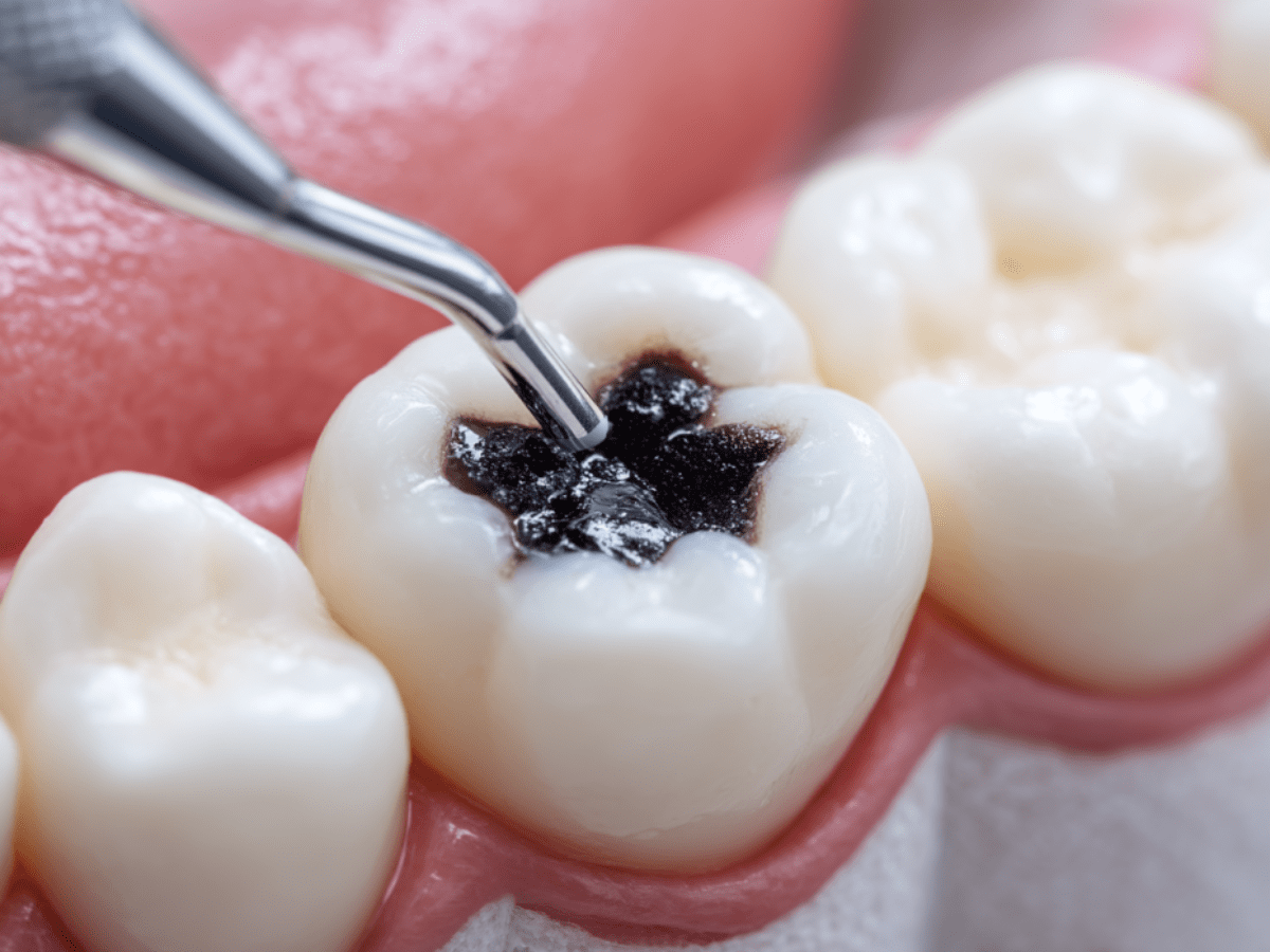 Close-up of a dentist applying silver diamine fluoride to a decayed molar tooth using a dental instrument, highlighting the darkened carious lesion and gum line